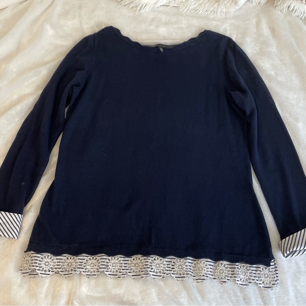 White House Black Market Large Boat Neck Navy Blue Striped Sweater Twofer